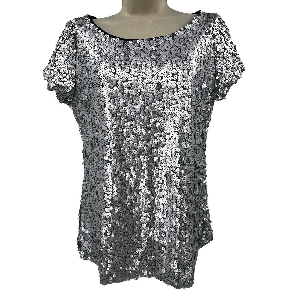Worthington Sequin Top Women's S‎ Y2K  Matte Silver Holiday Party Metallic Glam